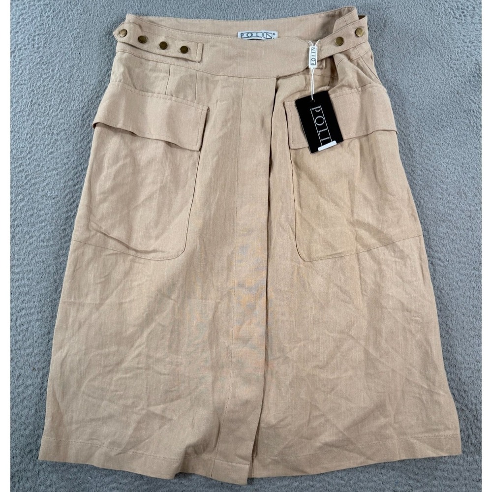 Polin Skirt Womens 3 Beige Linen Straight Pencil Button-Fly Workwear Utility NWT